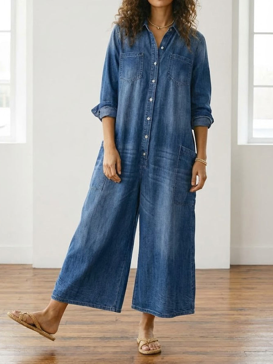 Diana | Macacão de Denim de Algodão Lavado Vintage com Fecho de Botão