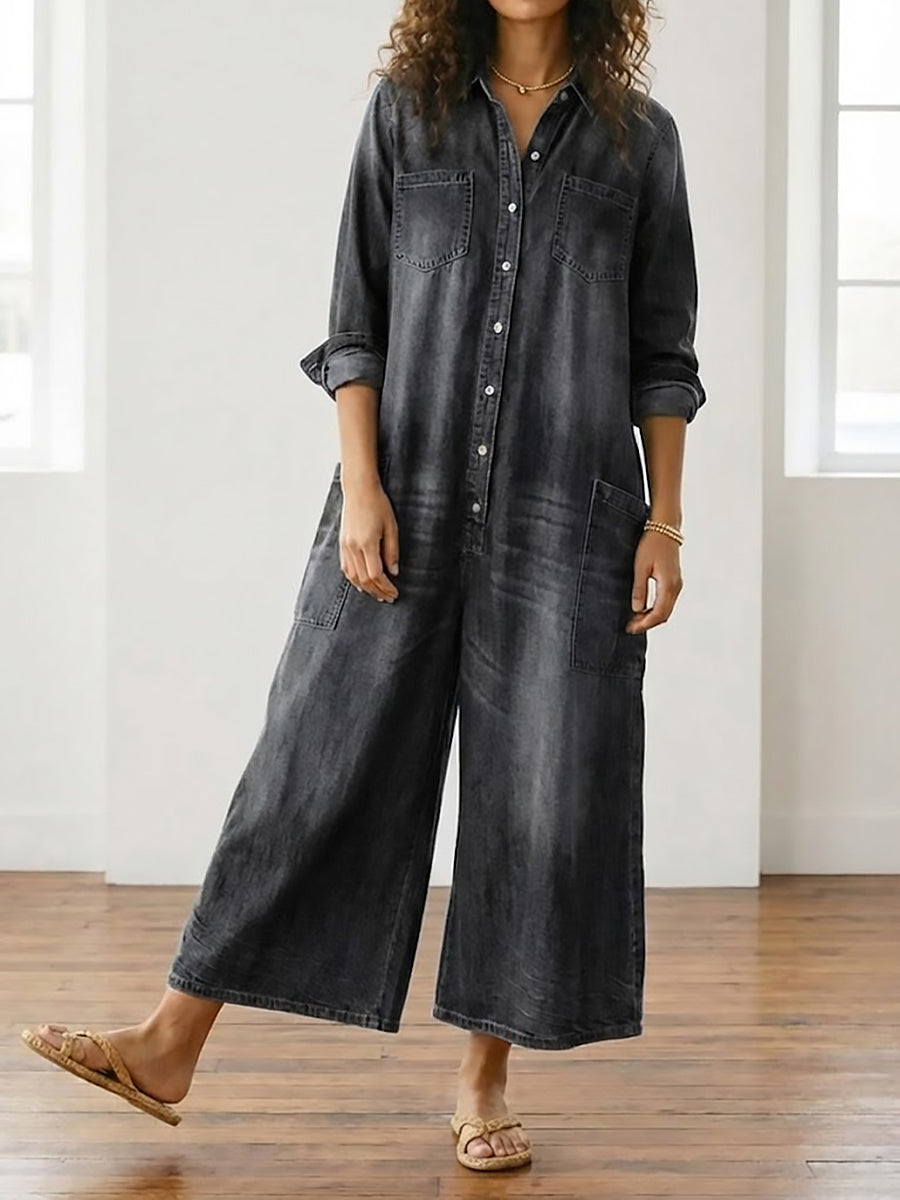 Diana | Macacão de Denim de Algodão Lavado Vintage com Fecho de Botão