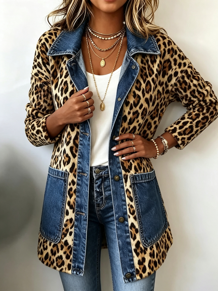 Fablenne™ | Casaco Longo de Painel em Denim com Estampa de Leopardo