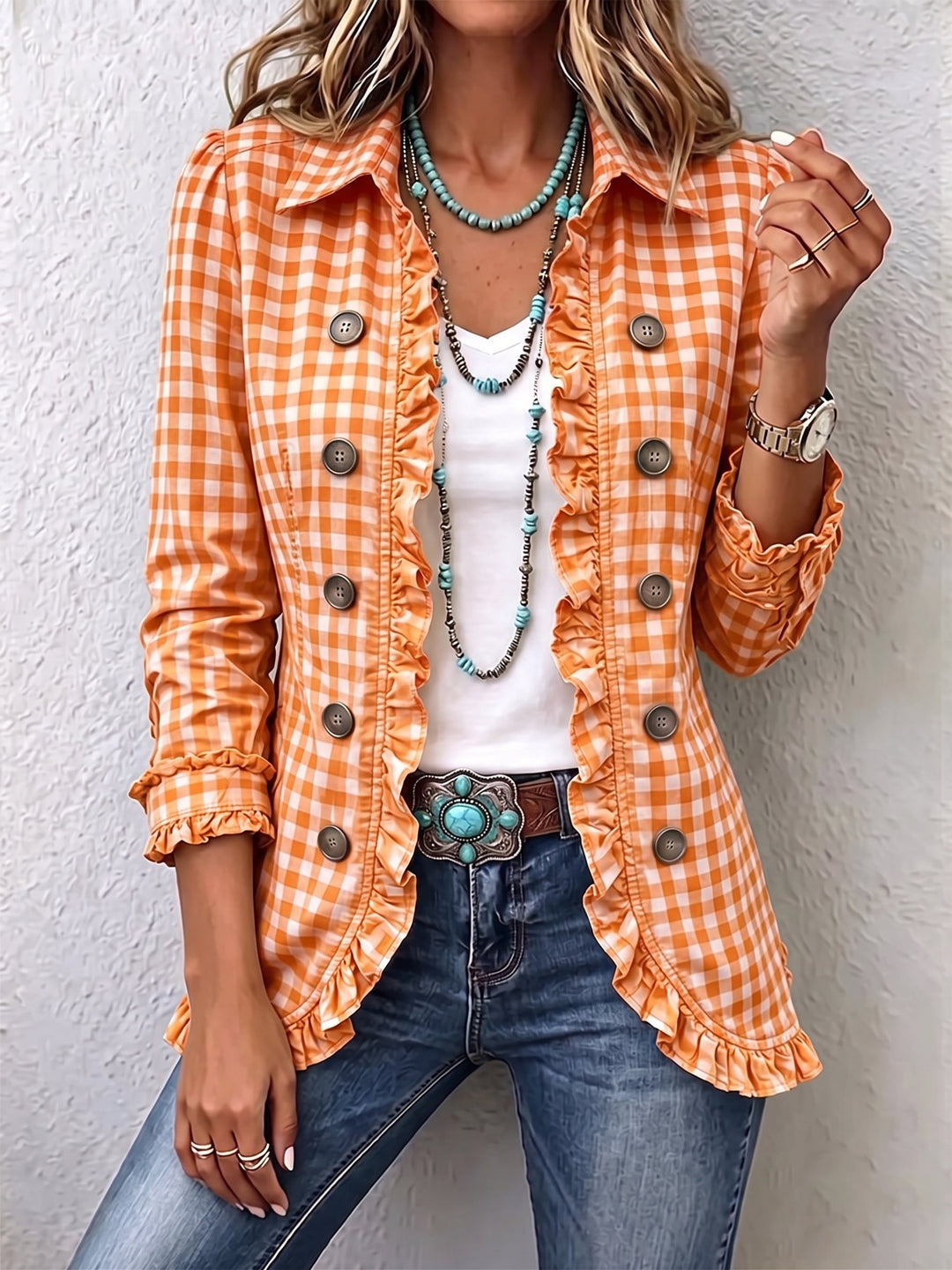 Charlene™ | Casaco de Botões com Ruches em Gingham