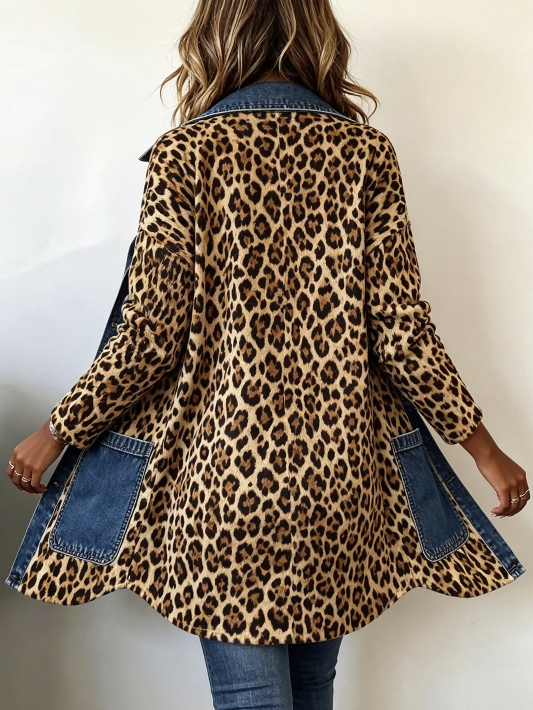 Fablenne™ | Casaco Longo de Painel em Denim com Estampa de Leopardo