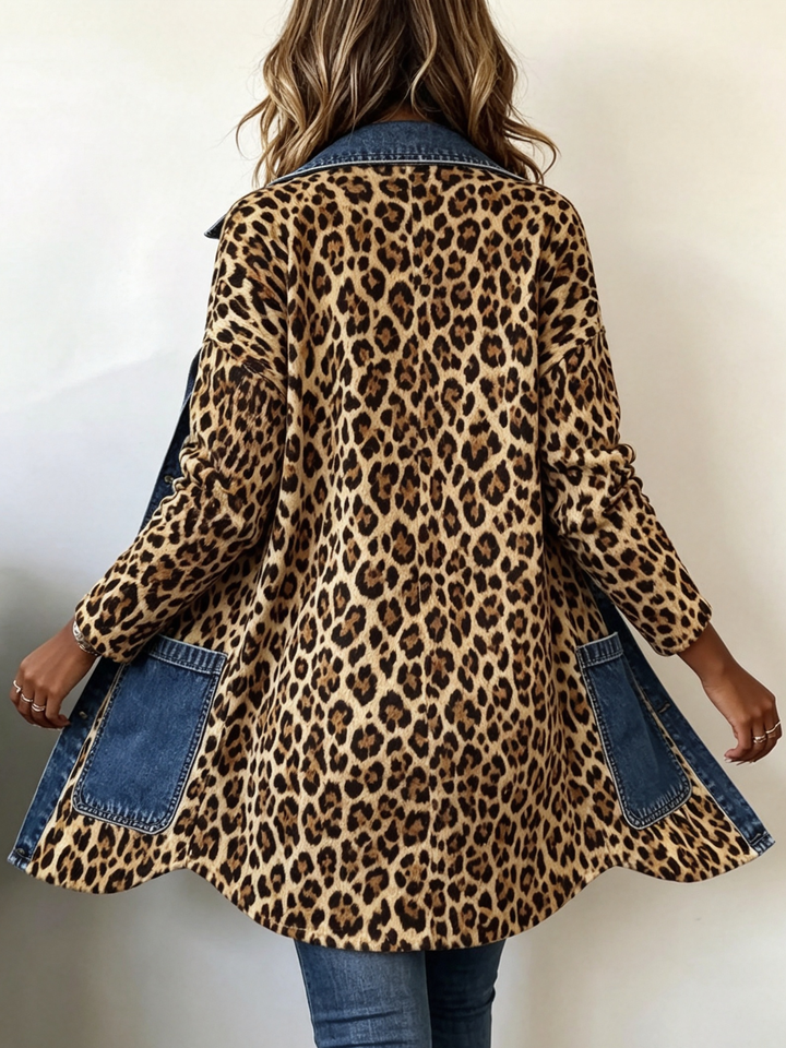 Fablenne™ | Casaco Longo de Painel em Denim com Estampa de Leopardo