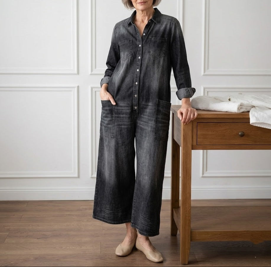 Diana | Macacão de Denim de Algodão Lavado Vintage com Fecho de Botão