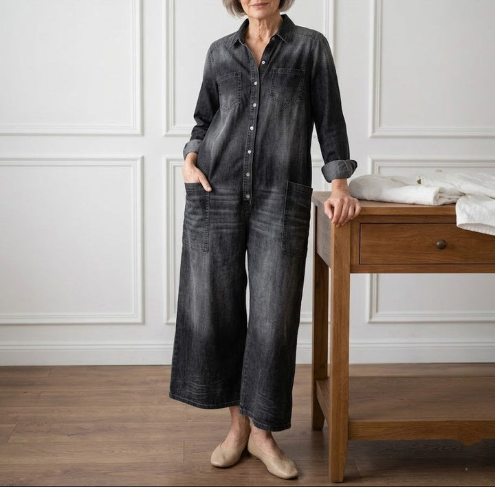 Diana | Macacão de Denim de Algodão Lavado Vintage com Fecho de Botão