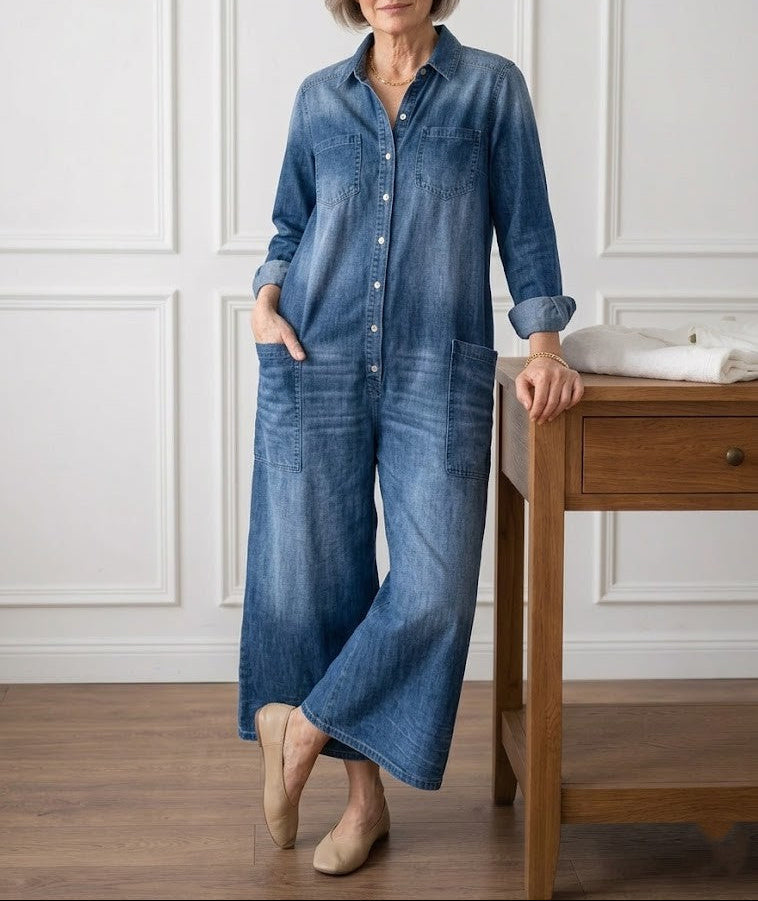 Diana | Macacão de Denim de Algodão Lavado Vintage com Fecho de Botão