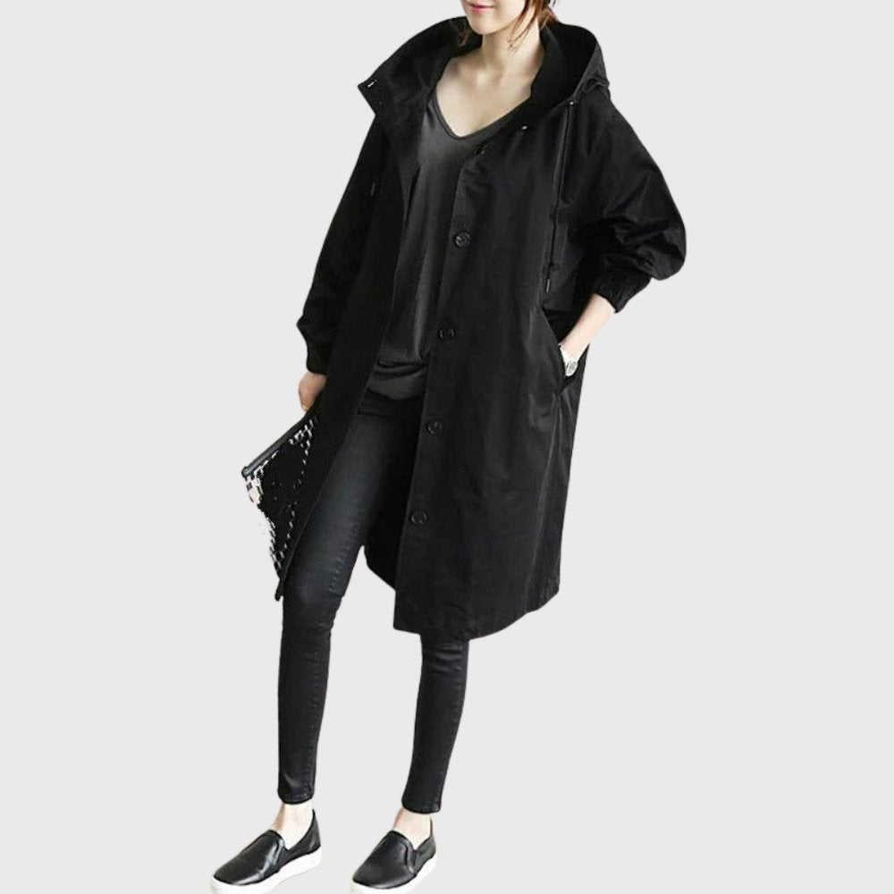 Ruth | Casaco Trench Longo com Capuz e Corte Relaxado